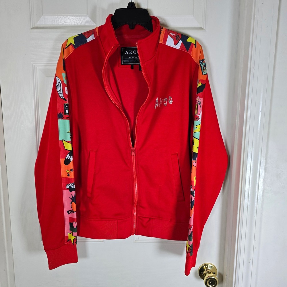 AKOO Mens Track Jacket‎ Red Rhinestone Logo Comic Graphic Sleeve Full Zip M